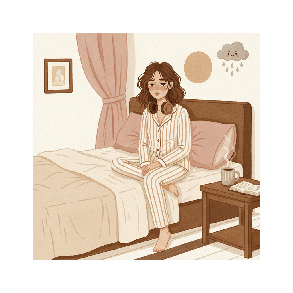 Figura sentada na cama de pijama com fones no pescoço